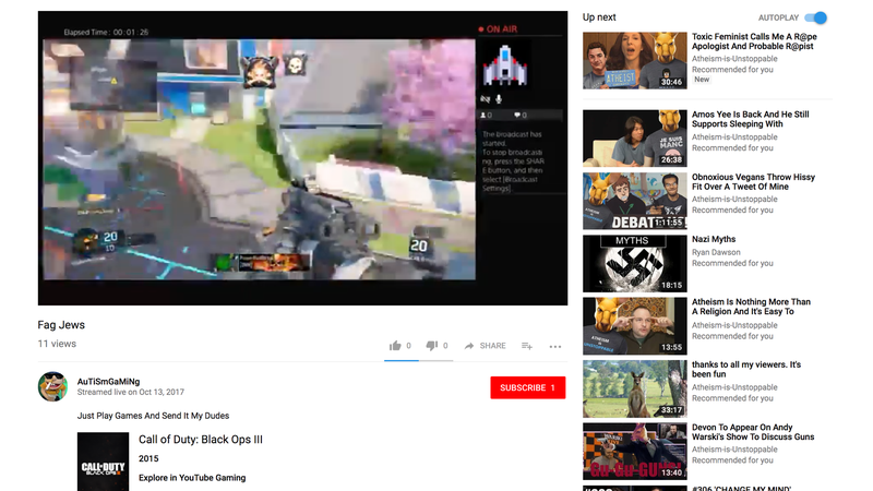A screenshot from a YouTube video titled “Fag Jews,” sent as corroboration for the idea that white supremacists are infiltrating games for the purpose of recruitment.